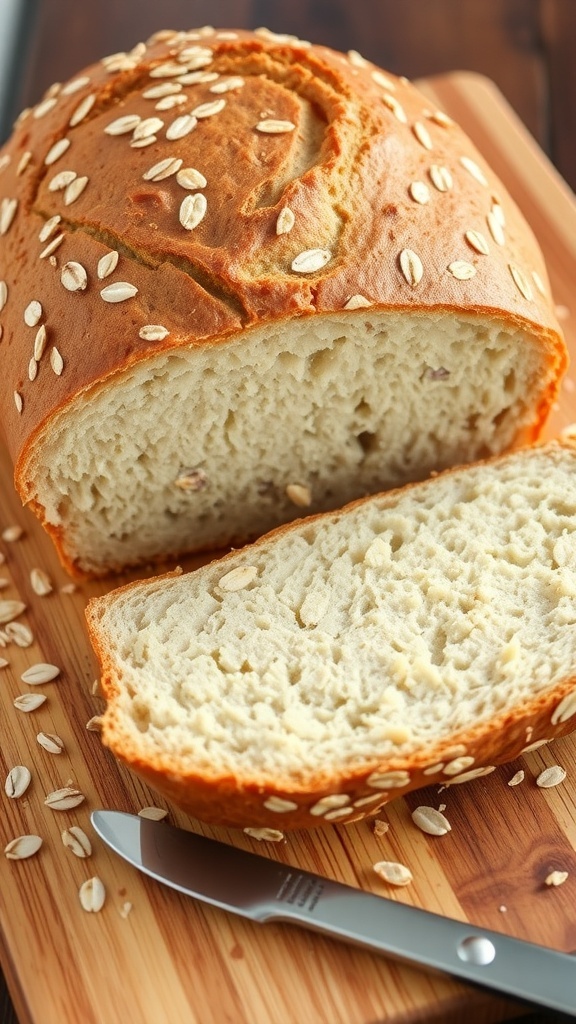 A rustic loaf of oat sourdough bread on a wooden board, sliced to show its texture, with scattered oats around.